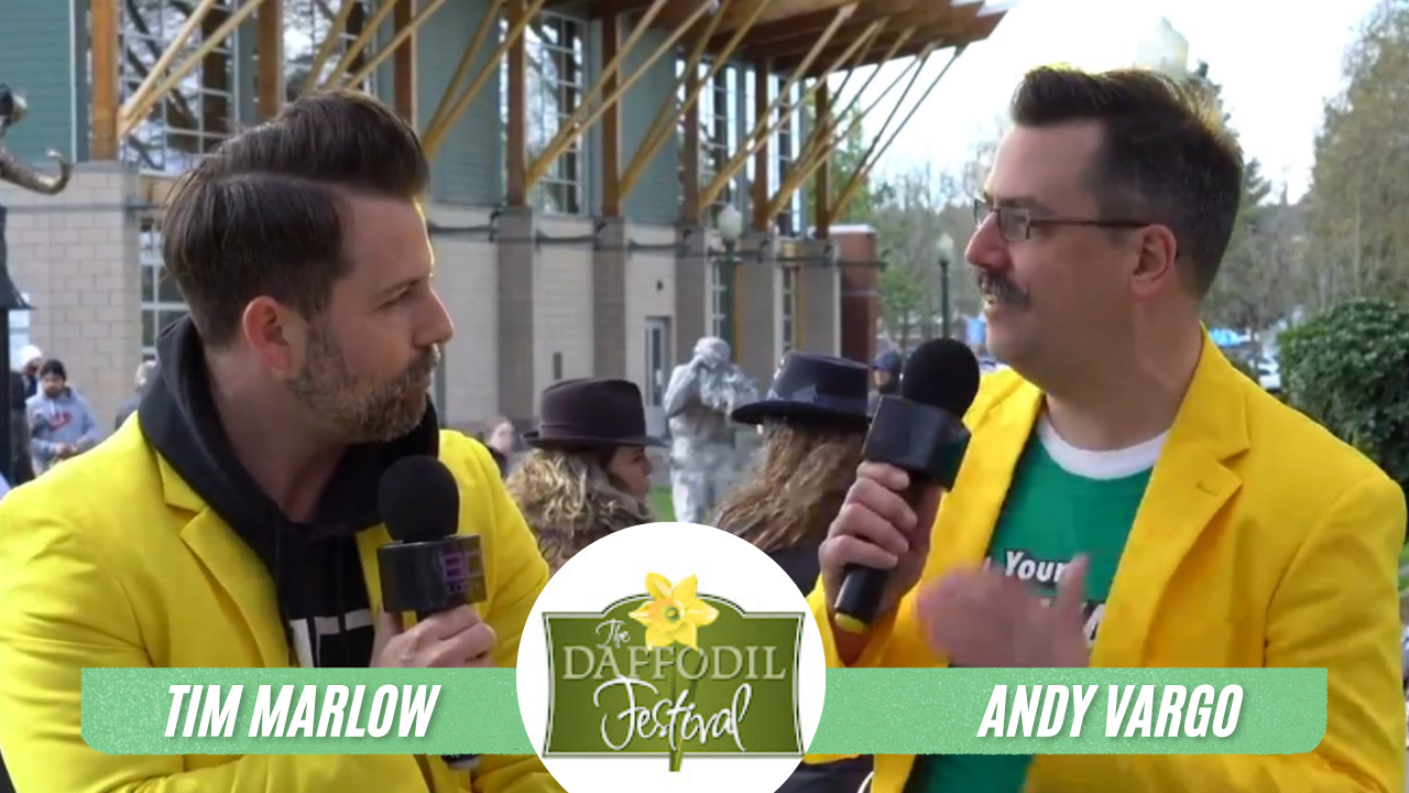 Andy Vargo and Tim Marlow emceeing the 2023 Daffodil Parade